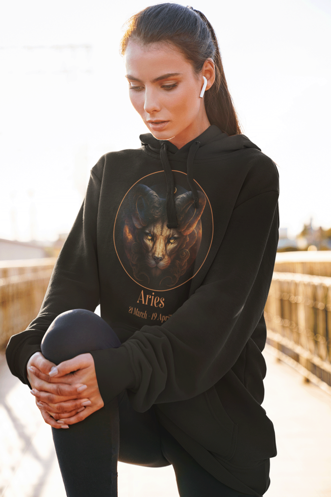 Black hoodie with Aries zodiac sign for cats printed on it.