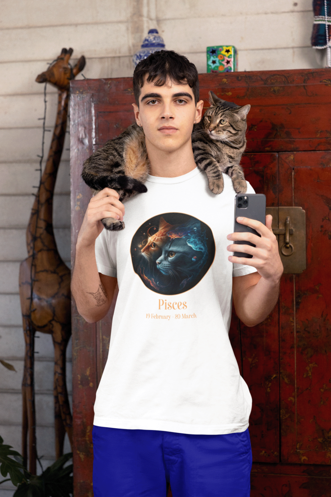 White t shirt mock up with cat as Pisces zodiac